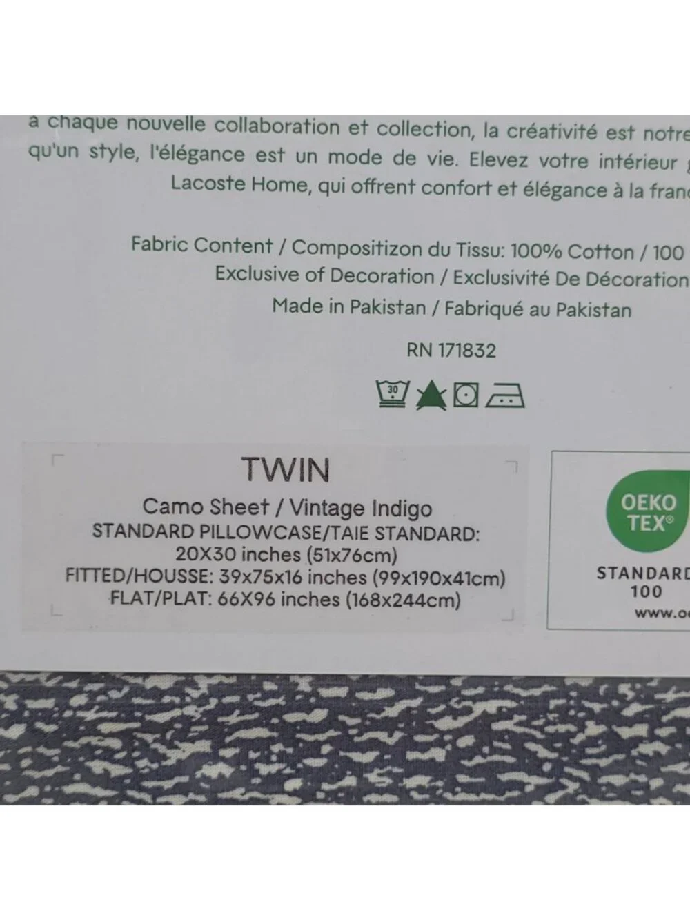Lacoste 3-Piece Twin Sheet Set Blue Camo Vintage Indigo 100% Cotton Percale